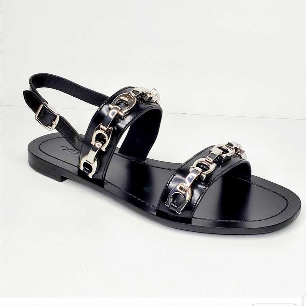 Coach “Eden” Metallic Logo Link Leather Sandals